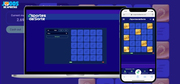 Computador e celular mostrando o jogo mines